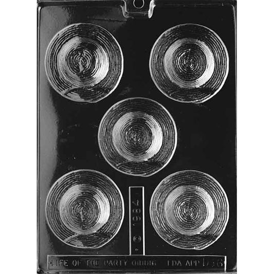 Clear plastic chocolate mold with five round straw bonnet designs featuring concentric hat-like detail.