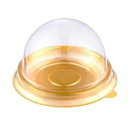Mini dessert container with gold base and snap-on clear lid.
