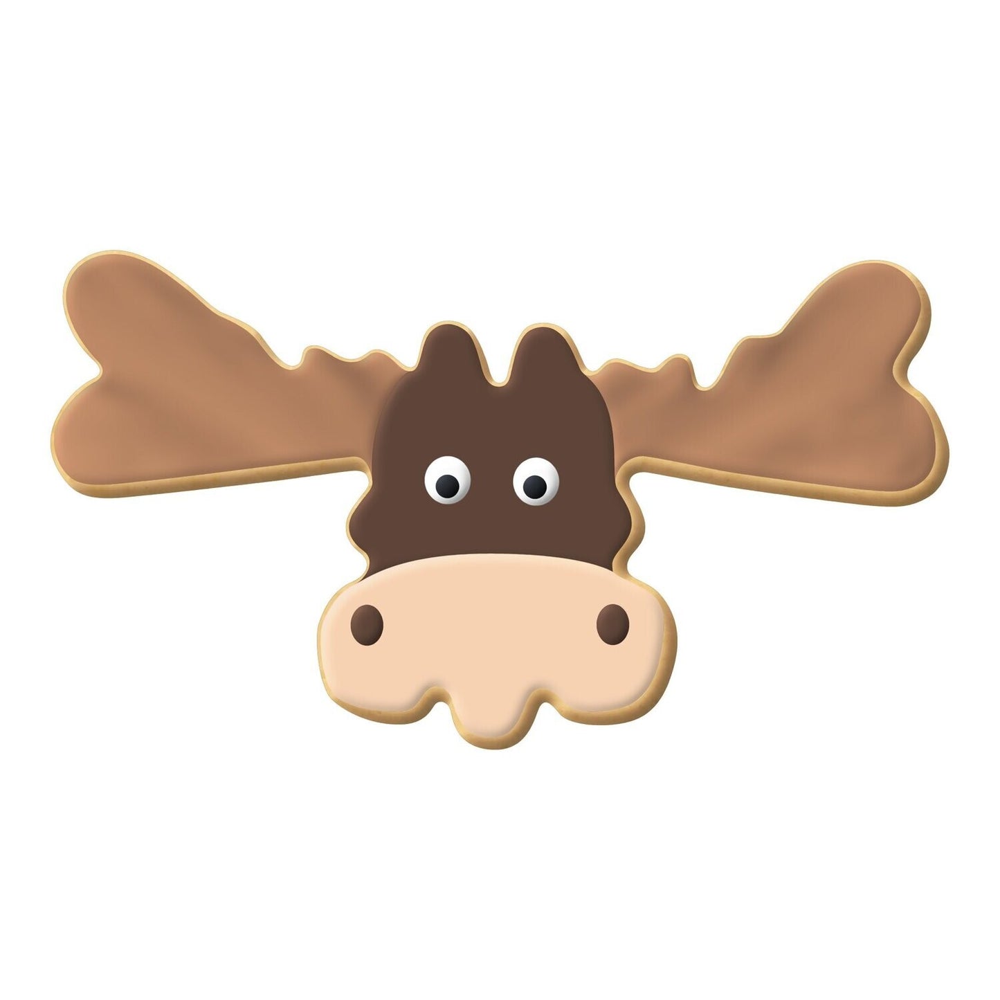 Moose head-shaped cookie decorated with brown and tan icing, featuring large antlers and wide eyes.