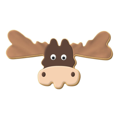 Moose head-shaped cookie decorated with brown and tan icing, featuring large antlers and wide eyes.