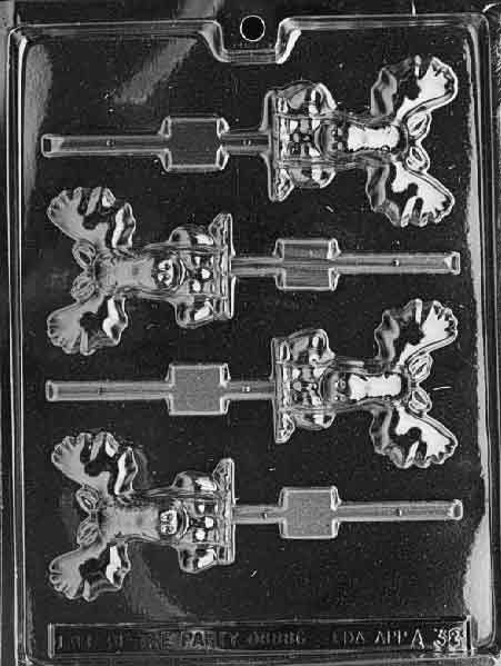Plastic candy mold with four lollipop cavities shaped like moose heads, featuring detailed antlers and smiling faces, designed for making chocolate or candy pops.