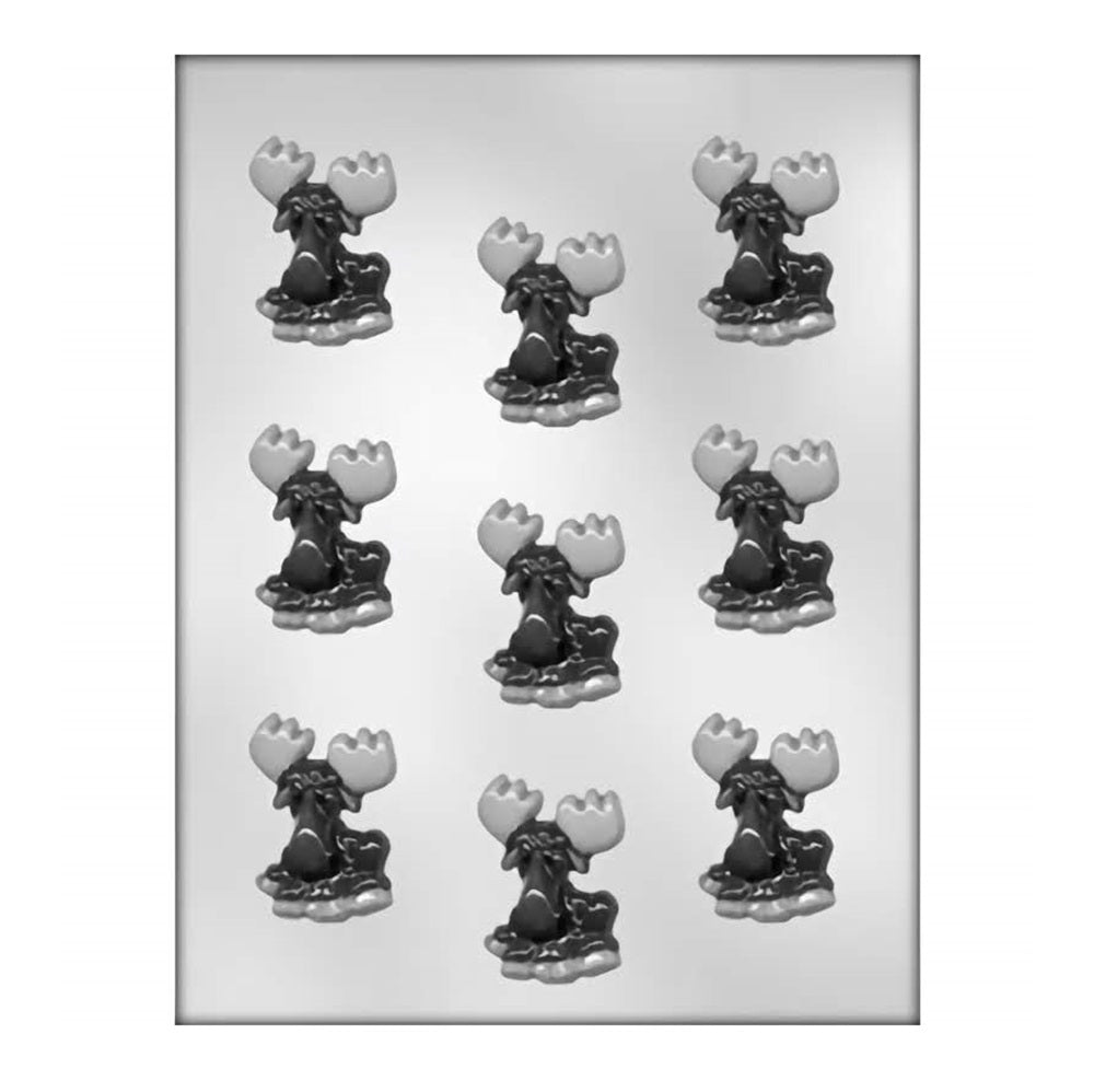 Chocolate mold with multiple cavities shaped as cartoon-style moose characters. Each cavity captures the moose in a playful stance with large antlers and a textured body, ideal for creating fun, moose-themed chocolates perfect for wilderness or animal-themed parties and baking projects.