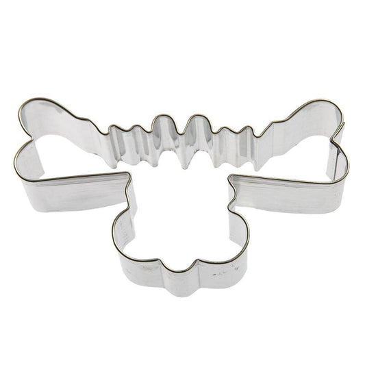 Moose head-shaped tin cookie cutter with sharp edges and silver finish.