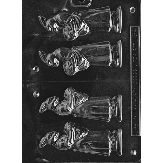 Clear plastic one-piece 3D chocolate mold with a center cut line, showing an upright mother bunny figure cavity with long ears and a dress-like skirt shape on a dark background.