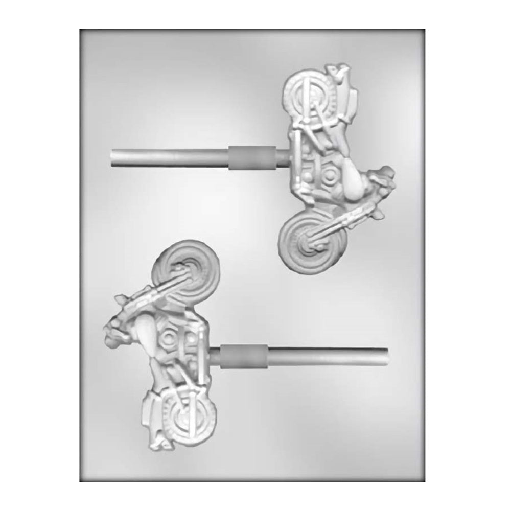 A chocolate lollipop mold with four motorcycles, each designed with attention to detail showing the engine, wheels, and frame, making it a great choice for creating edible gifts for motorbike enthusiasts or for biker-themed events.