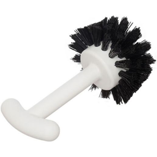 Black-bristled Ateco 1659 muffin pan cleaning brush with an ergonomic white handle, designed for scrubbing muffin pans and bakeware crevices.