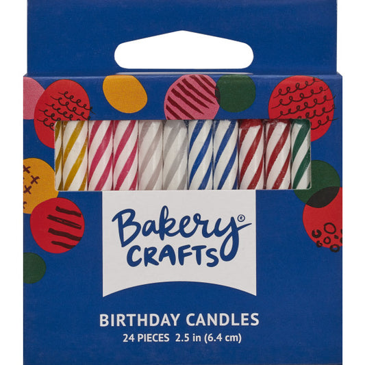 Package of 24 multi-color striped birthday candles with spiral design in pink, yellow, blue, and white, each candle measuring 2.5 inches tall.