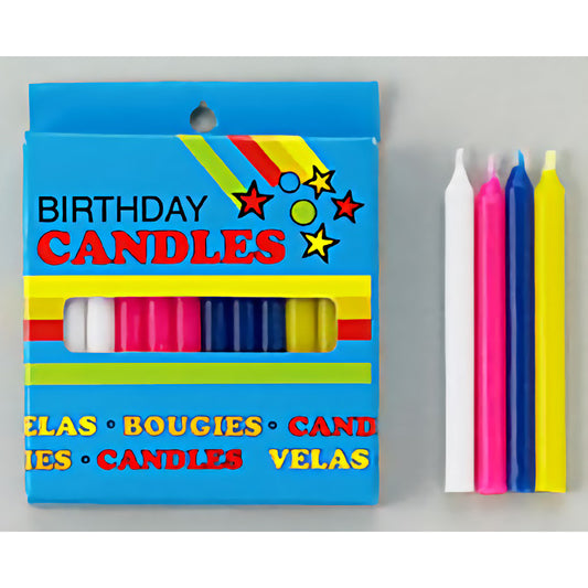 Multi-colored birthday candles in white, pink, blue, and yellow, displayed in a 24-pack with some candles shown outside the box. Each candle is 2-1/2 inches tall.