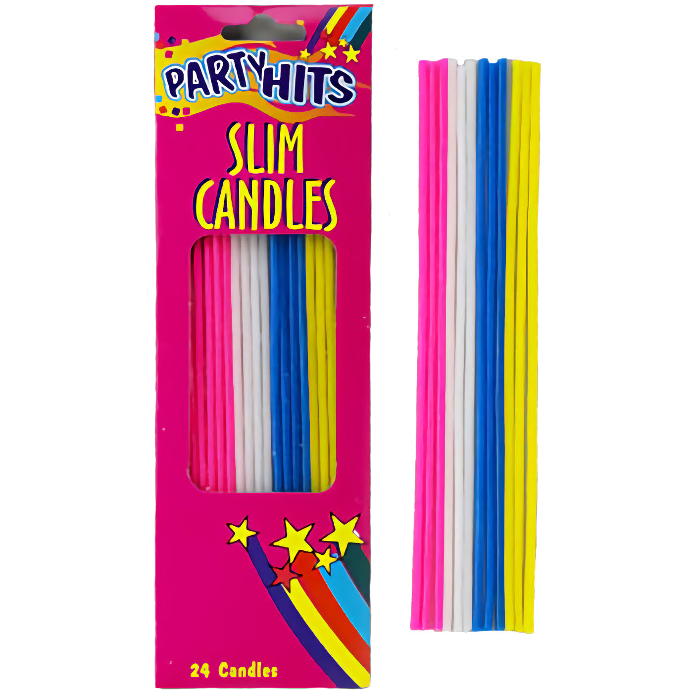 Multi-Colored Slim Taper Birthday Candles in pink, blue, yellow, and white, packaged in a 24-pack with an 8-inch length.