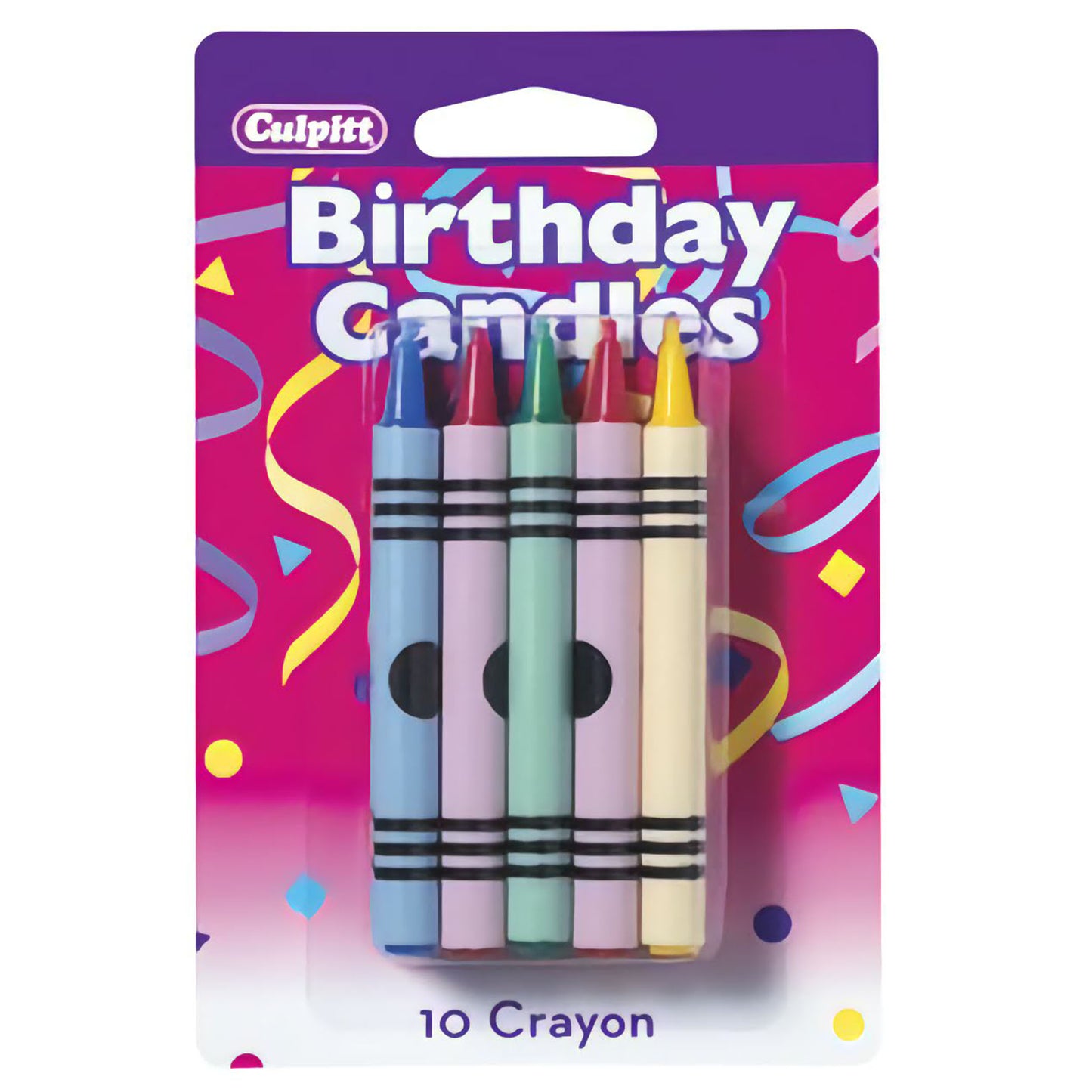 Multi-colored crayon shaped birthday candles in a package of 10, featuring assorted colors and measuring 3 x 0.3 x 0.35 inches, perfect for birthdays and themed celebrations.