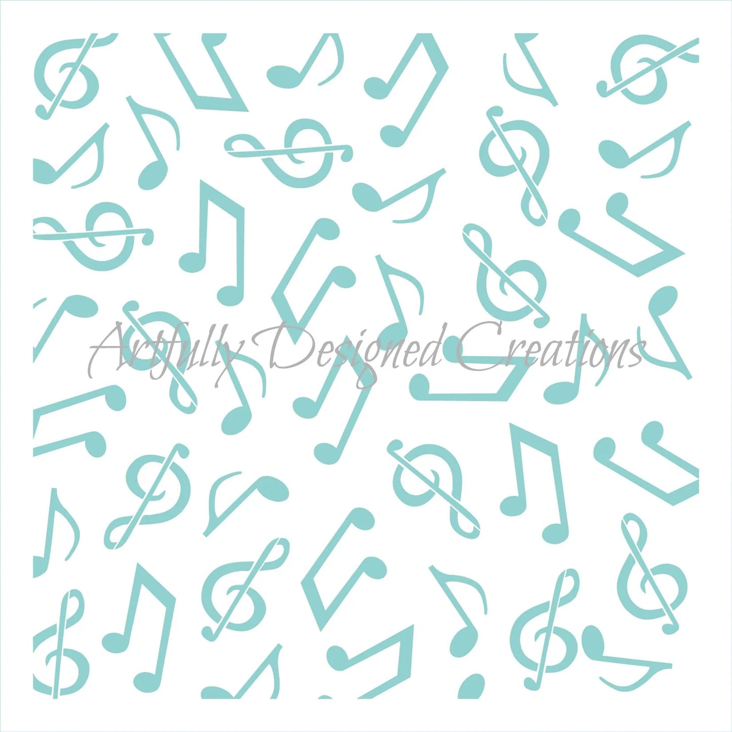 Square music notes cookie stencil with scattered teal cut-out symbols including eighth notes, beamed notes, and treble clefs on a white background, with “Artfully Designed Creations” watermark across the center.