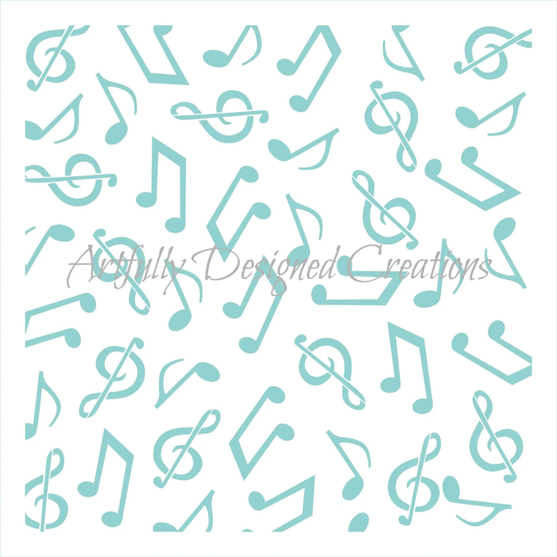 Square music notes cookie stencil with scattered teal cut-out symbols including eighth notes, beamed notes, and treble clefs on a white background, with “Artfully Designed Creations” watermark across the center.