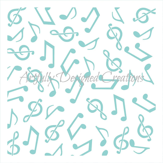 Square music notes cookie stencil with scattered teal cut-out symbols including eighth notes, beamed notes, and treble clefs on a white background, with “Artfully Designed Creations” watermark across the center.
