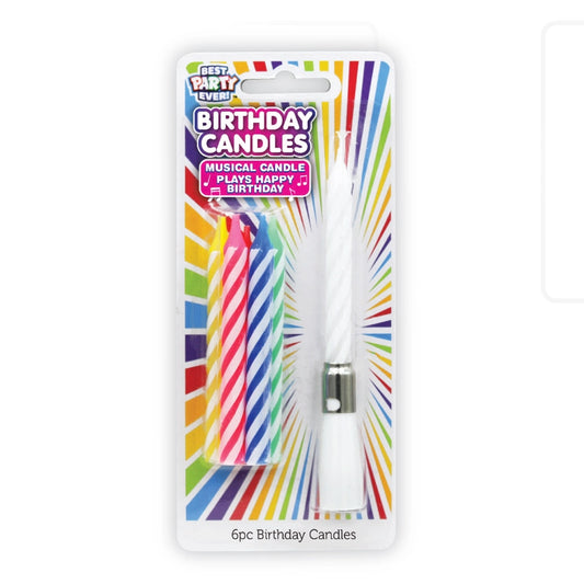 Musical Birthday Candle packaging with six colorful candles and music-playing candle holder.