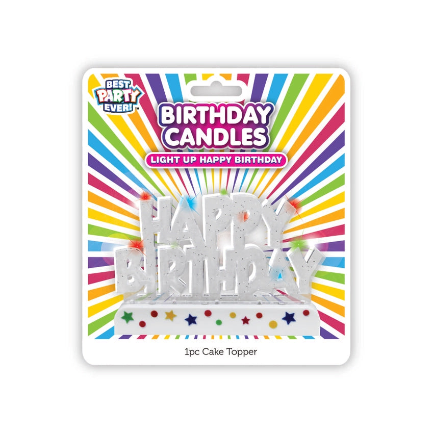 Light-Up Happy Birthday Cake Topper in packaging with colorful rainbow background.