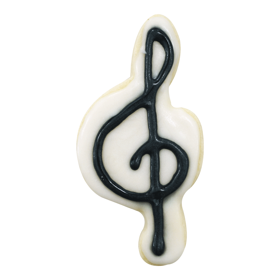 A decorated treble clef cookie with black icing on a white base, shaped like the iconic musical symbol.