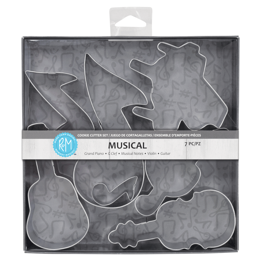 Packaging of the Musical Cookie Cutter Set, featuring seven music-themed cookie cutters in a clear display box with a black and gray musical note background.