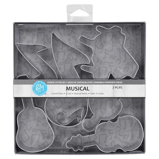 Packaging of the Musical Cookie Cutter Set, featuring seven music-themed cookie cutters in a clear display box with a black and gray musical note background.