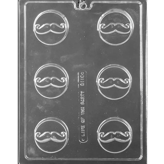 Clear plastic mustache chocolate covered Oreo mold with six round cavities, each featuring a mustache design, shown against a black background.