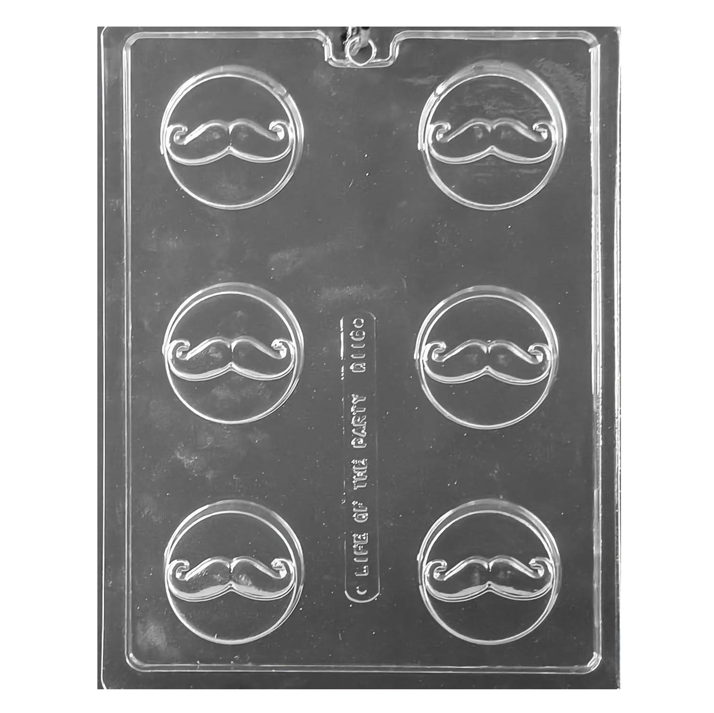 Six-cavity mustache-shaped chocolate mold, each with a distinctive, curled design, suited for creating fun cookie toppers or chocolate candies.