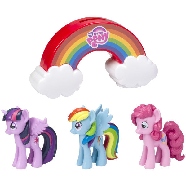 My Little Pony™ Signature DecoSet® featuring Rainbow Dash, Pinkie Pie, Twilight Sparkle figurines, and a rainbow bank topper.