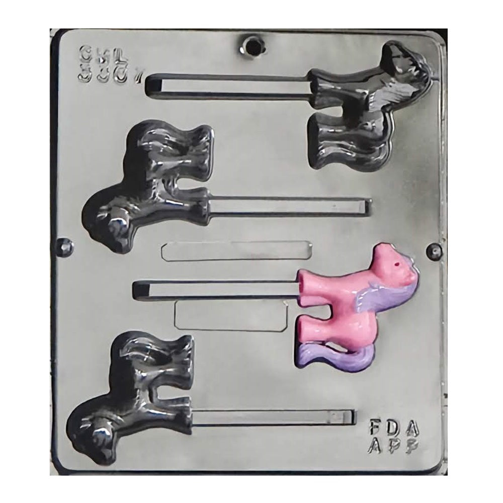 A chocolate mold featuring four cavities in the shape of stylized, playful ponies on sticks, suitable for children's party favors or themed events.