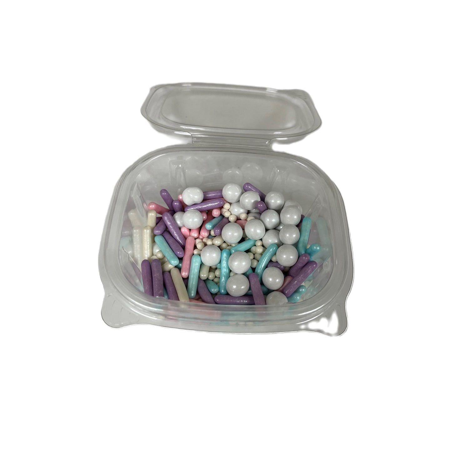 Container filled with a vibrant mix of candy sprinkles in various shapes and pastel colors, ideal for decorating cakes and cupcakes, available at Lynn's Cake, Candy, and Chocolate Supplies.