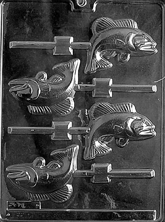 Chocolate mold N009 Fish Lollipop with fish-shaped pop cavities including scale detail.