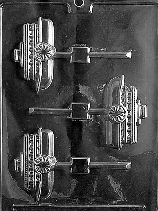Chocolate mold N029 Steamboat with side profile hull, deck tiers, and paddlewheel details in relief.