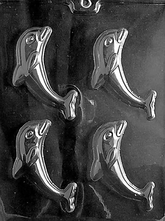 Chocolate mold N041 Dolphin with arched body, beak, and tail fin in relief.