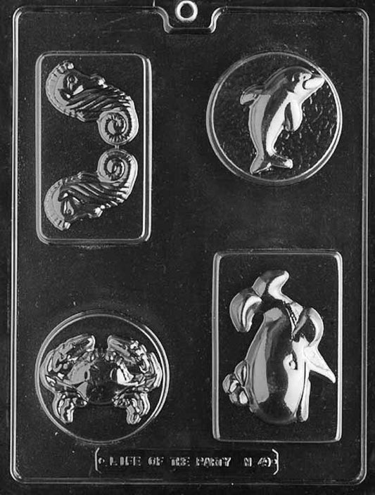 N049 SEA CREATURES BAR chocolate mold showing two bar cavities decorated with fish and ocean motifs across the surface.