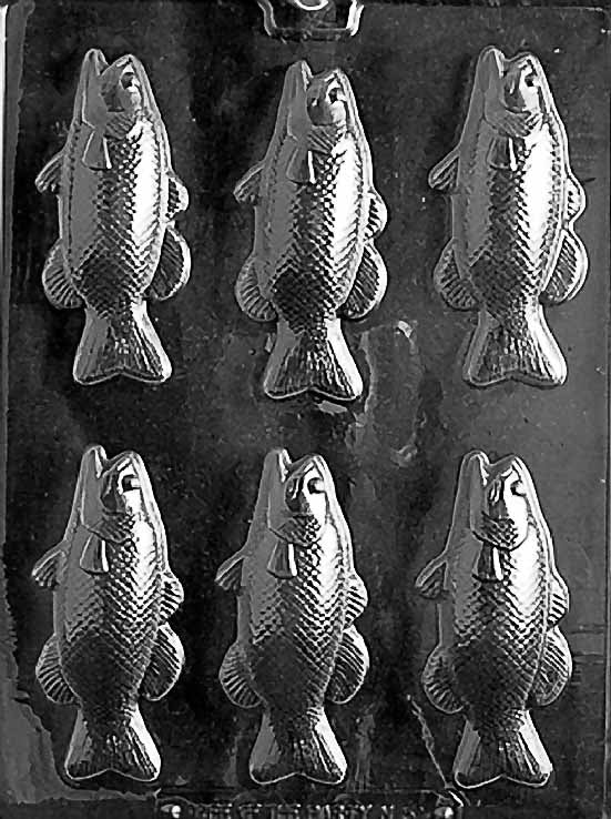N053 BASS FISH BARS chocolate mold showing narrow bar cavities each embossed with a bass fish design.