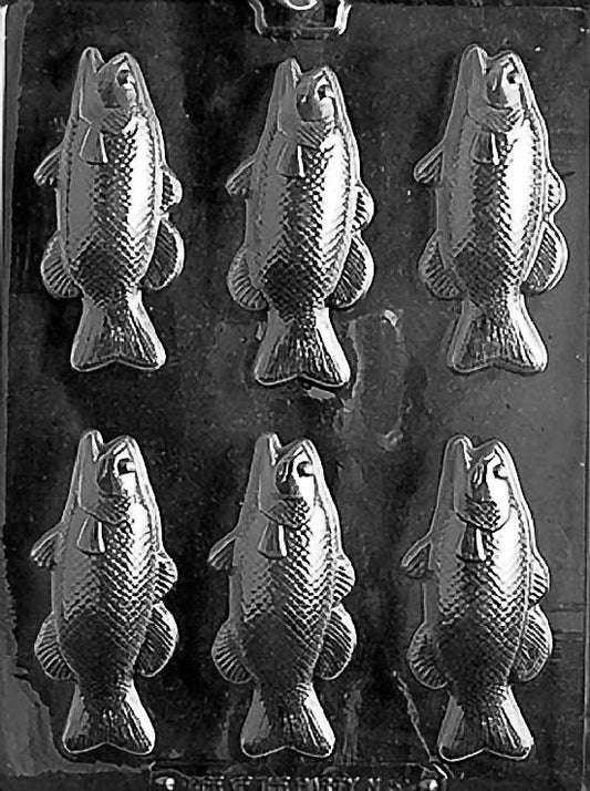 N053 BASS FISH BARS chocolate mold showing narrow bar cavities each embossed with a bass fish design.