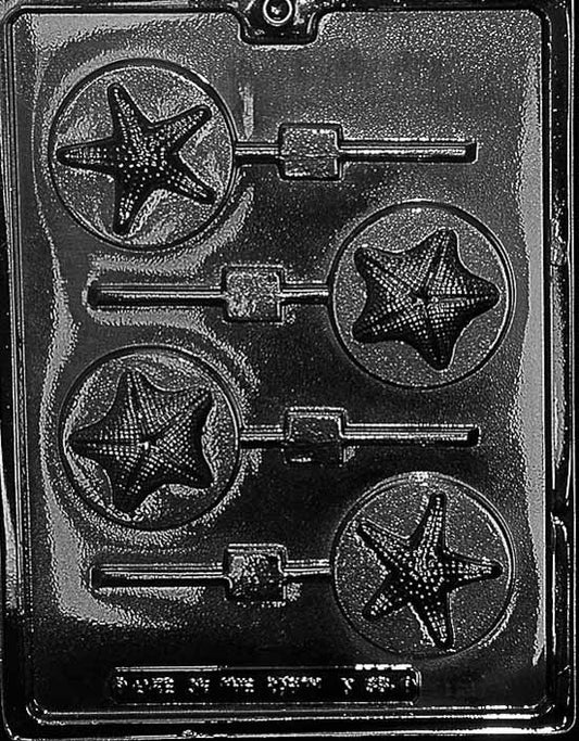 N055 STARFISH ON ROUND POPS chocolate mold with circular lollipop cavities embossed with starfish designs.
