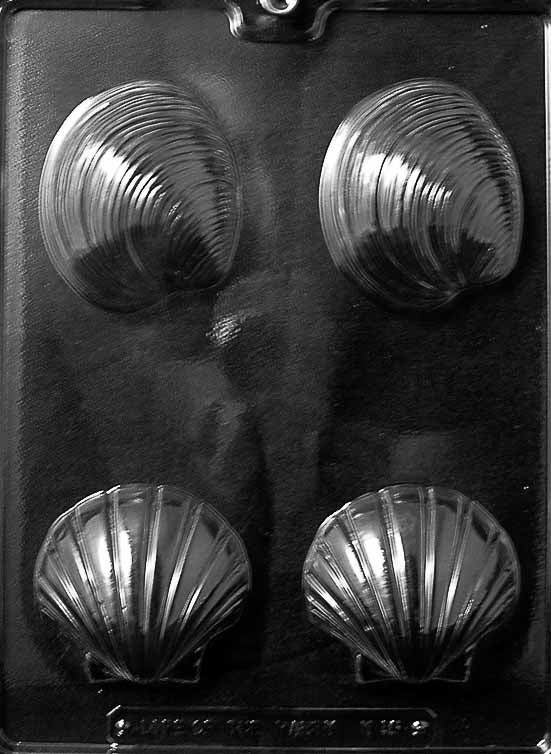 N056 LARGE SHELLS chocolate mold featuring two large shell cavities with pronounced ridges and curves.
