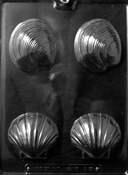 N056 LARGE SHELLS chocolate mold featuring two large shell cavities with pronounced ridges and curves.