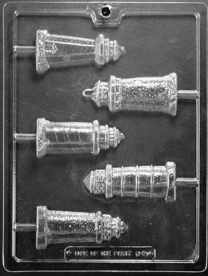 N060 LIGHTHOUSE Lollipop ASSORTMENT chocolate mold with several lighthouse lollipop cavities featuring tall tapered towers.