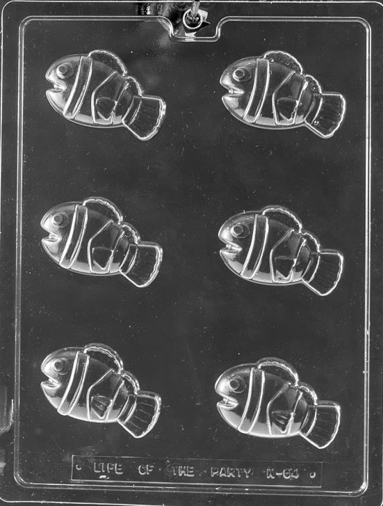 N064 Striped Clown Fish chocolate mold featuring several small clownfish cavities with banded stripe details and rounded fins.