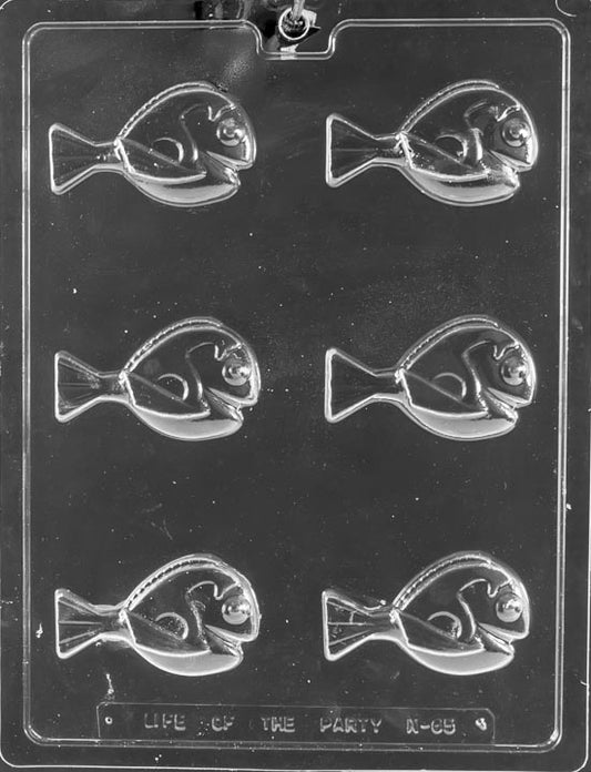 N065 Blue Tang Fish chocolate mold with streamlined tang fish cavities showing rounded body and pointed tail fins.