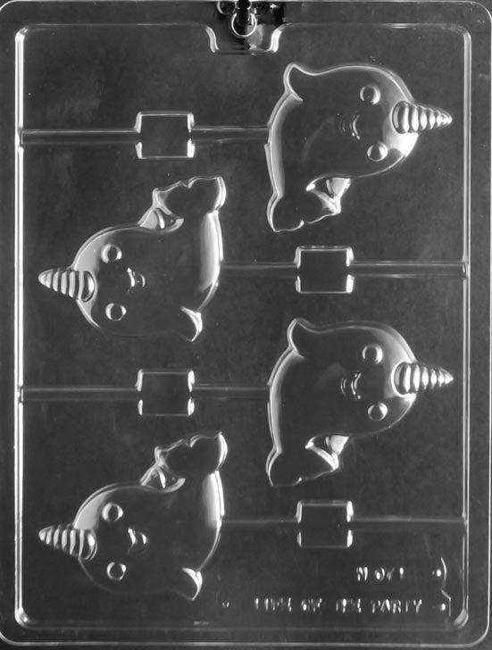 N071 Narwhal Whale Unicorn Lollipop chocolate mold featuring narwhal-shaped lollipop cavities with tusk and fins.