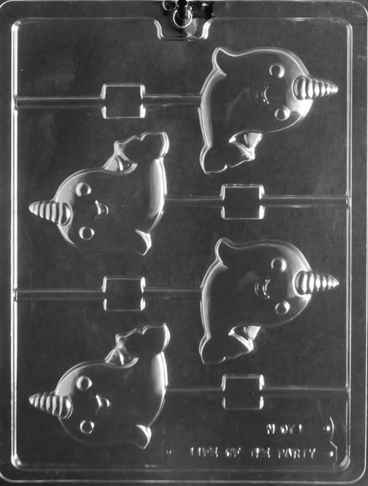 N071 Narwhal Whale Unicorn Lollipop chocolate mold featuring narwhal-shaped lollipop cavities with tusk and fins.