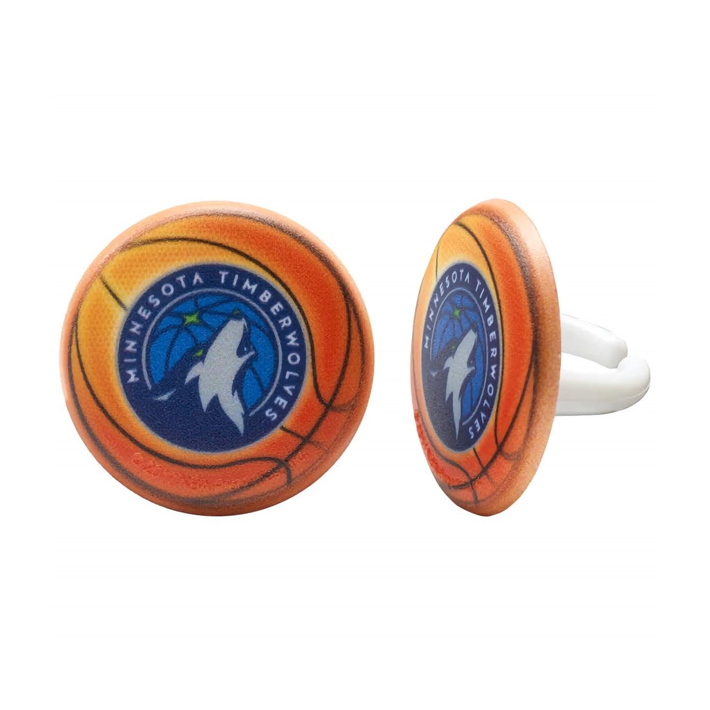 Pack of six NBA Minnesota Timberwolves cupcake rings, featuring the team's logo on a basketball background, ideal for fan celebrations, game nights, and themed parties.