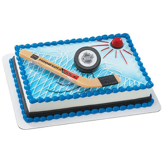 NHL Minnesota Wild slap shot hockey cake topper, featuring a realistic hockey stick, puck, and goal alert light, ideal for decorating ice hockey fan celebration cakes.