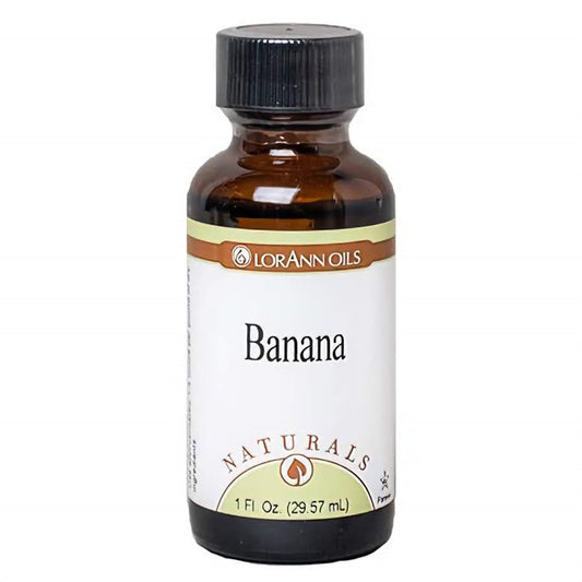 1 oz amber glass bottle of LorAnn Natural Banana Flavor with a black cap and a clean white label featuring the "Naturals" branding. Ideal for baking and candy making.