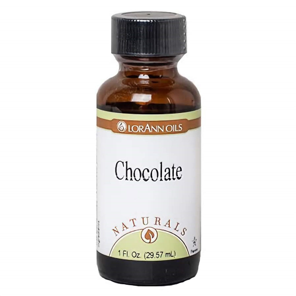 Amber bottle of LorAnn Natural Chocolate Flavor with a black cap and clean white label. Labeled “Chocolate” and part of the Naturals line. 1 oz for baking and confections.