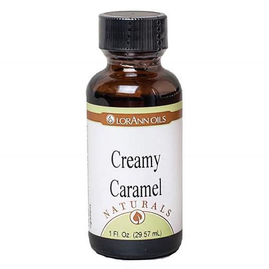 LorAnn Oils Naturals Creamy Caramel Flavor, 1 fl oz, hinting at a smooth and buttery caramel taste, complemented by its warm amber hue.