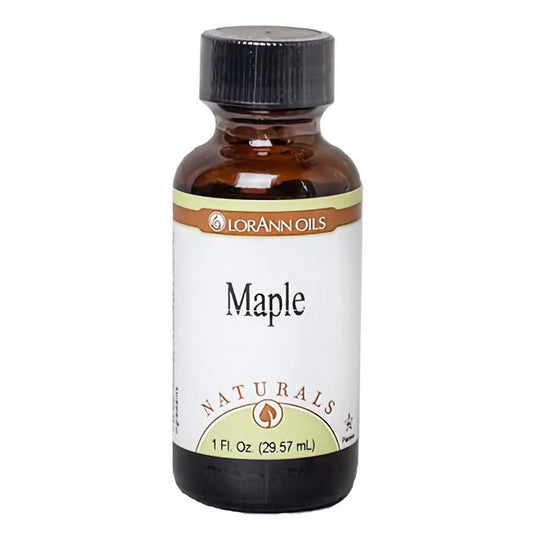 1 fl oz bottle of LorAnn Naturals Maple Flavor, suggesting the rich and warm essence of real maple syrup, ideal for baking and confections.