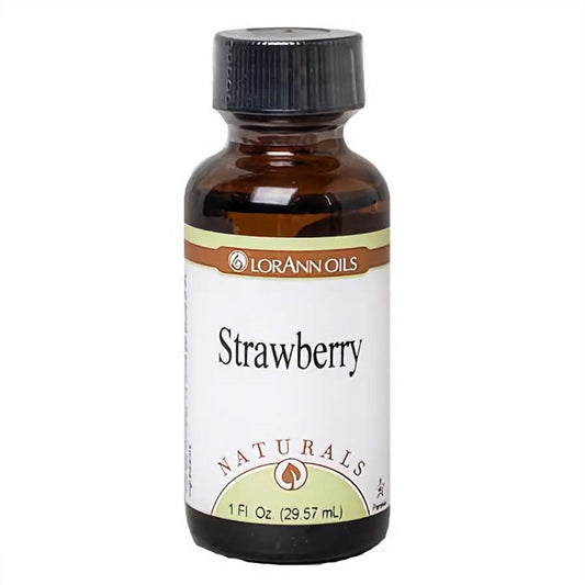 LorAnn Naturals Strawberry Flavor in a 1 fl oz bottle, indicating a sweet, ripe strawberry taste, perfect for candy making and desserts.