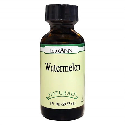 1 fl oz bottle of LorAnn Naturals Watermelon Flavor, hinting at the juicy and refreshing taste of a summer watermelon, great for a tropical twist in sweets.