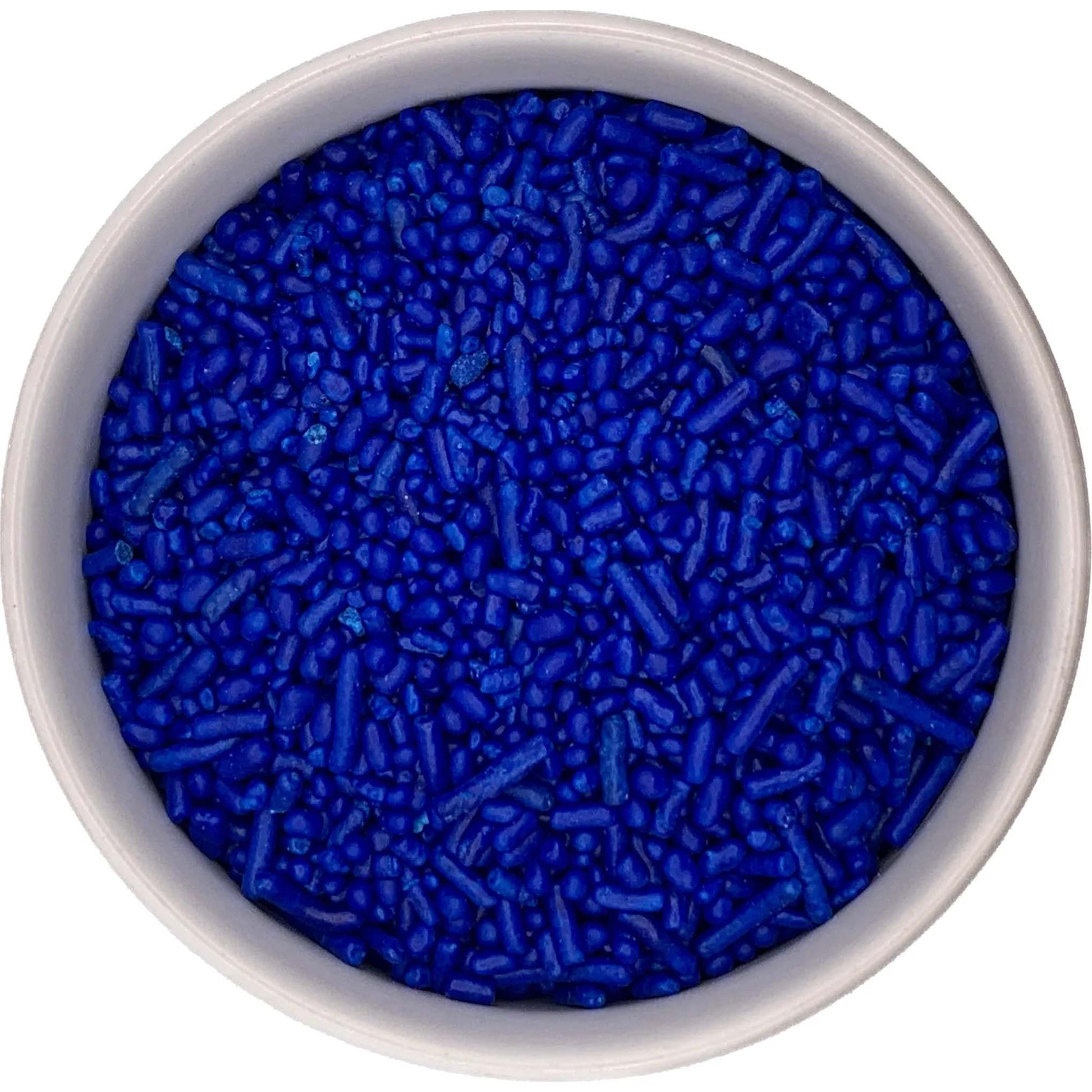 Top-down view of a round container filled with navy blue jimmies sprinkles, showing a dense mix of small rod-shaped pieces in a deep blue shade.